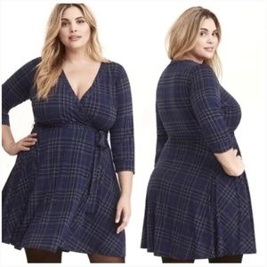 Torrid Academia Mini Faux Wrap Plaid Dress Navy Blue 3 3X 22-24